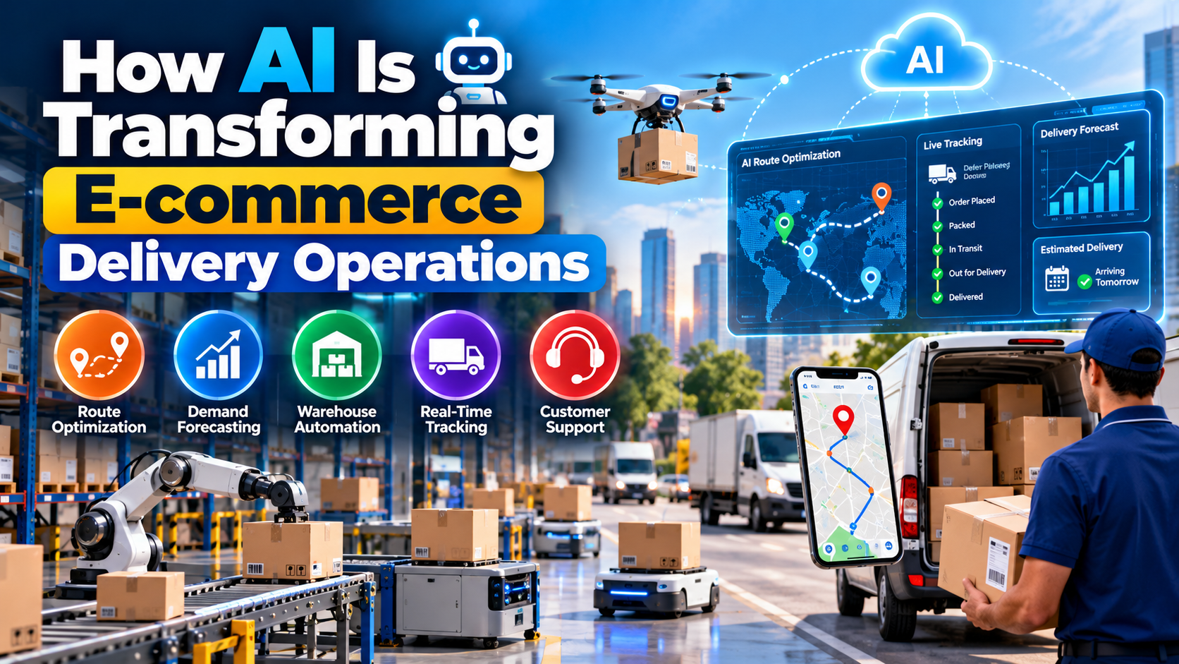 AI transforming e-commerce delivery operations with smart logistics, route optimization, warehouse automation, and shipment tracking.