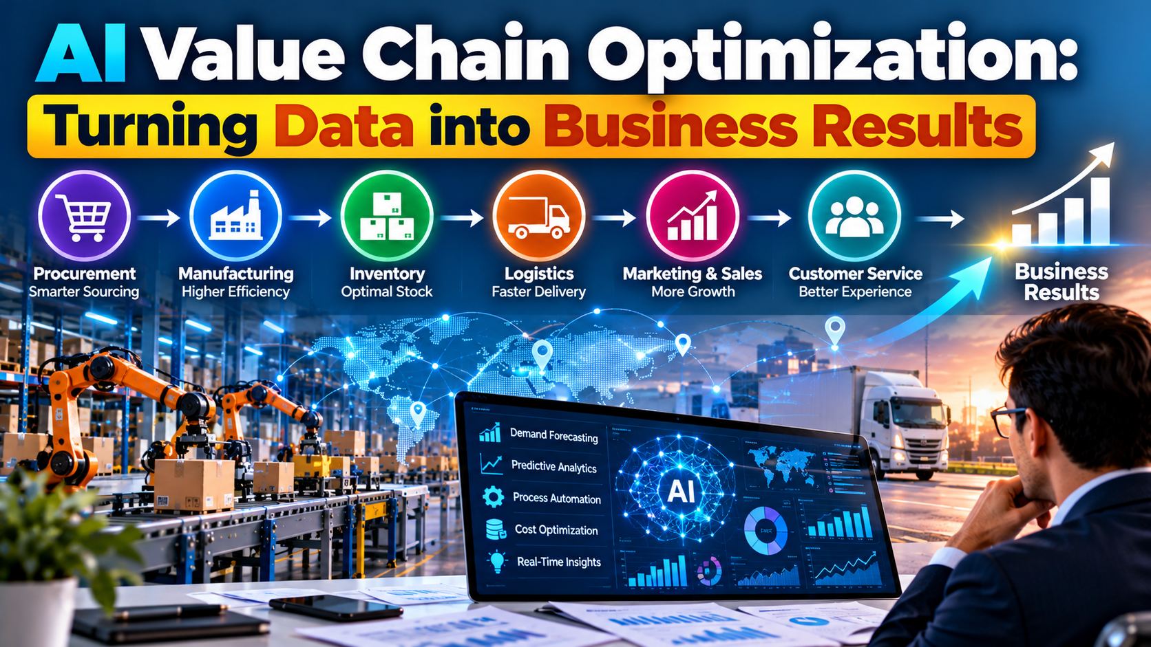 AI value chain optimization using data analytics and intelligent automation to improve business processes and results.